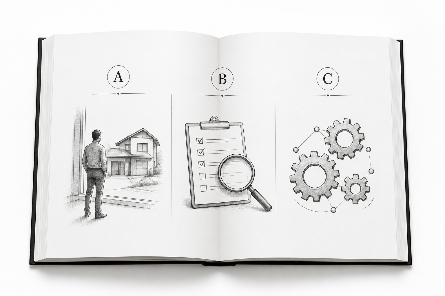 Разворот книги с разделами A, B и C